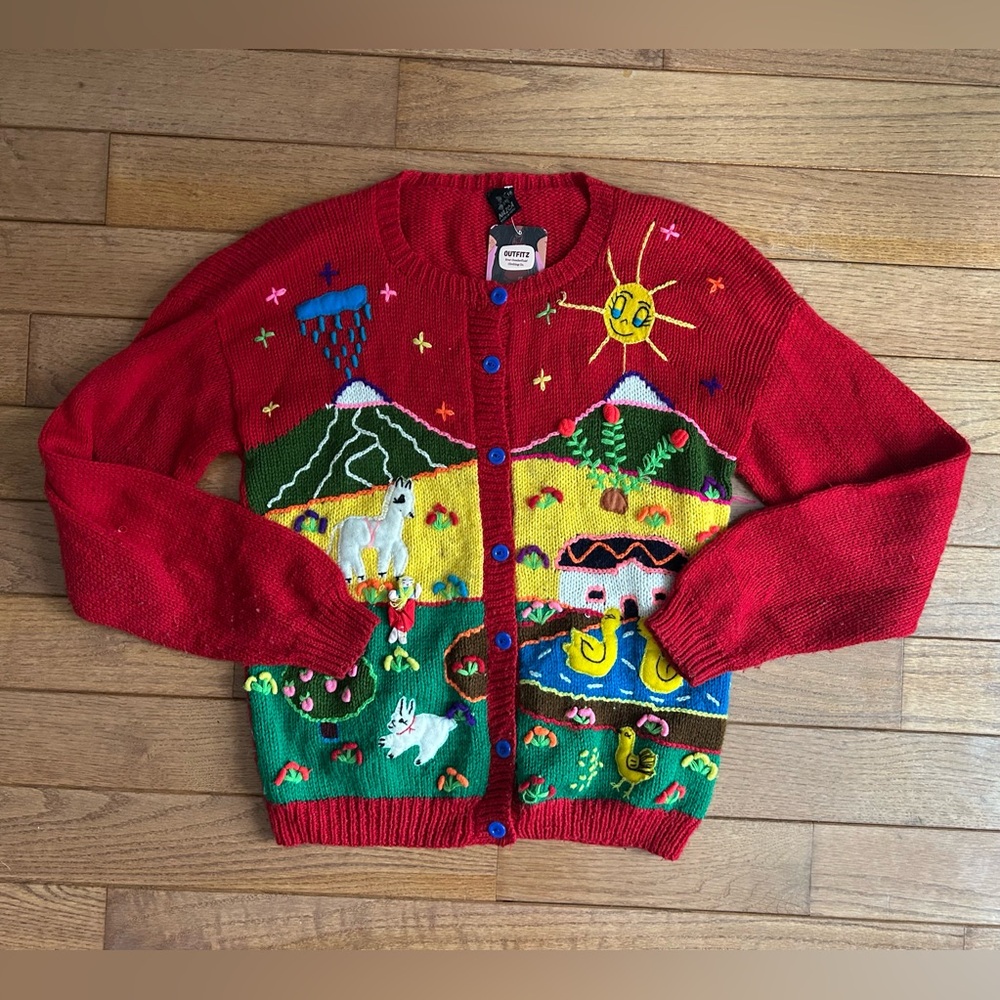 Hand knit embroidered appliqué cardigan